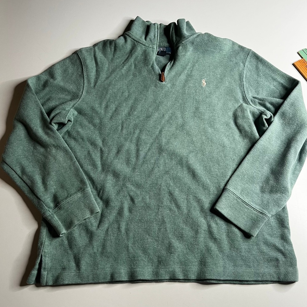 Polo Ralph Lauren Mens XL Quarter Zip Pullover Sweater Sage Green Cotton Ribbed‎